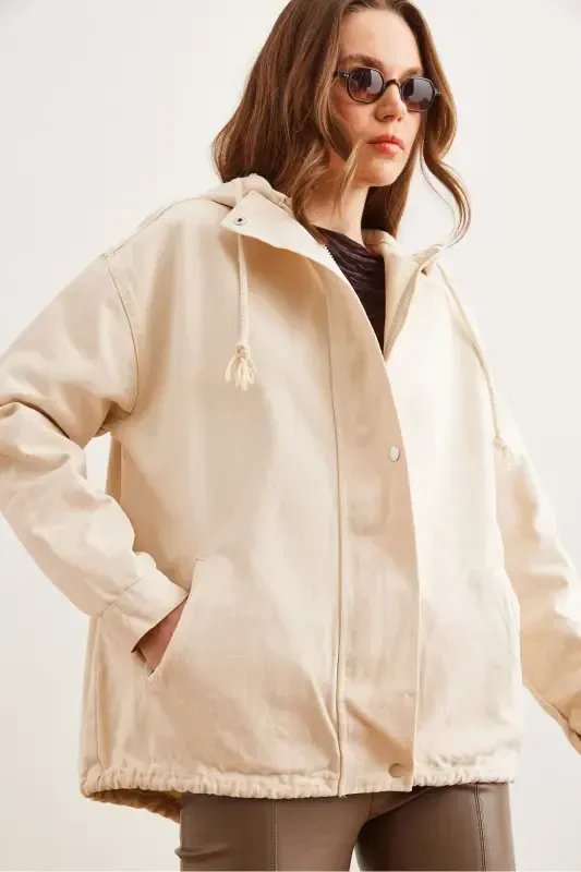 Women's Stone Pocketed Zippered Snap Detailed Gabardine Jacket CKT-19000419-Stone - 1