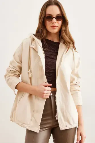 Women's Stone Pocketed Zippered Snap Detailed Gabardine Jacket CKT-19000419-Stone - OLALOOK (1)