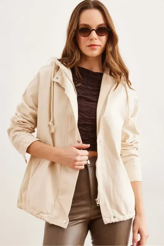 Women's Stone Pocketed Zippered Snap Detailed Gabardine Jacket CKT-19000419-Stone - 2