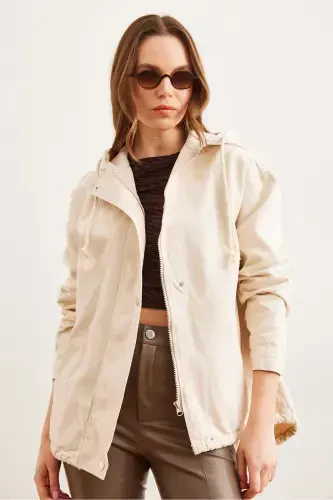 Women's Stone Pocketed Zippered Snap Detailed Gabardine Jacket CKT-19000419-Stone - 3