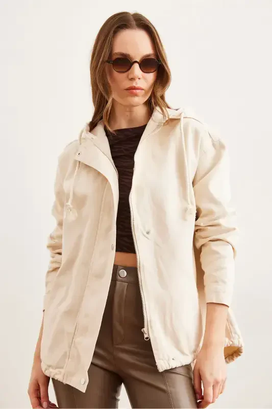 Women's Stone Pocketed Zippered Snap Detailed Gabardine Jacket CKT-19000419-Stone - 3