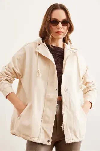 Women's Stone Pocketed Zippered Snap Detailed Gabardine Jacket CKT-19000419-Stone - 4