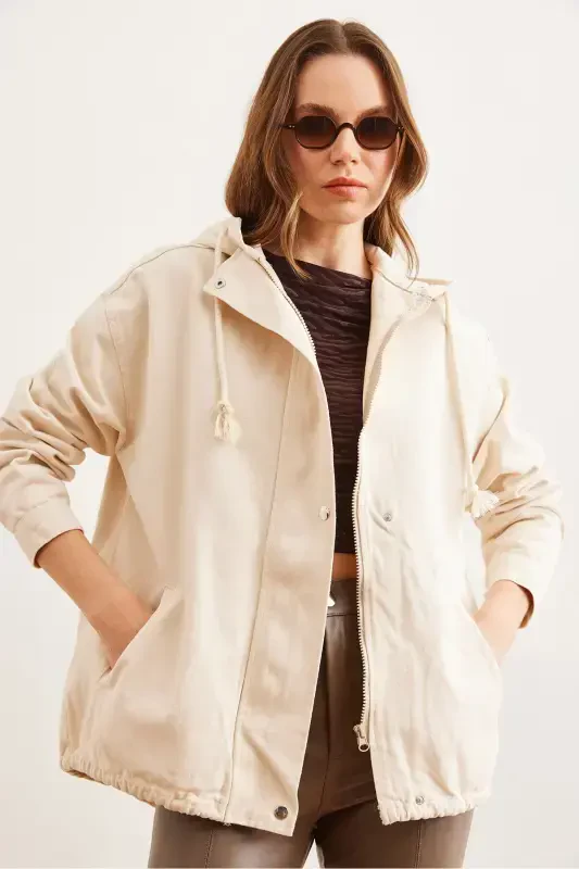 Women's Stone Pocketed Zippered Snap Detailed Gabardine Jacket CKT-19000419-Stone - 4