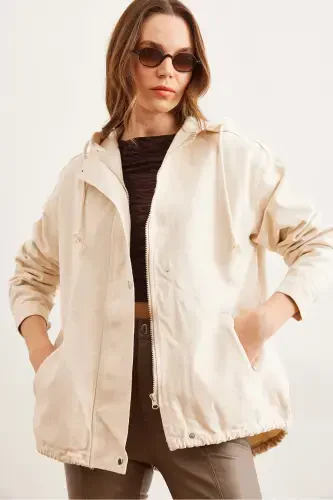 Women's Stone Pocketed Zippered Snap Detailed Gabardine Jacket CKT-19000419-Stone - 5