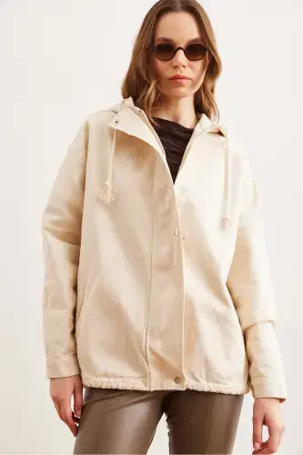 Women's Stone Pocketed Zippered Snap Detailed Gabardine Jacket CKT-19000419-Stone - 6