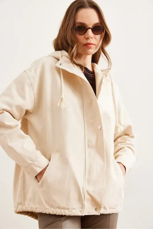 Women's Stone Pocketed Zippered Snap Detailed Gabardine Jacket CKT-19000419-Stone - 7