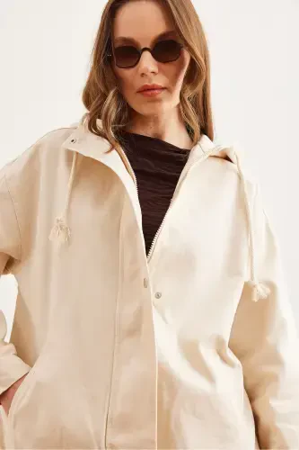 Women's Stone Pocketed Zippered Snap Detailed Gabardine Jacket CKT-19000419-Stone - 8