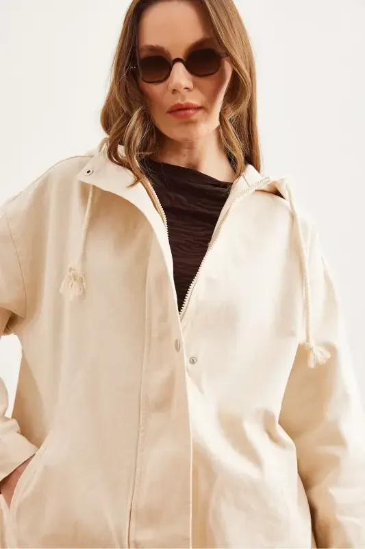 Women's Stone Pocketed Zippered Snap Detailed Gabardine Jacket CKT-19000419-Stone - 8