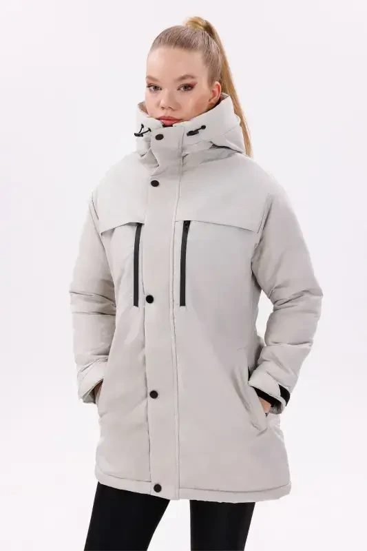 Women's Stone Polar Fleece Lined Water and Windproof Hooded Winter Coat & Jacket & Parka-Stone - 1