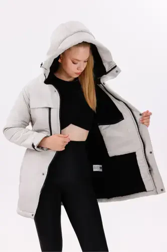 Women's Stone Polar Fleece Lined Water and Windproof Hooded Winter Coat & Jacket & Parka-Stone - 4