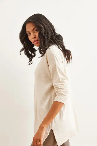 Women's Stone Polo Neck Basic Knit Sweater KZK-19000871-Stone - OLALOOK (1)
