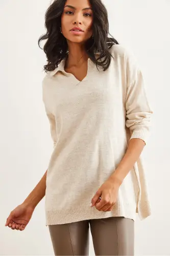 Women's Stone Polo Neck Basic Knit Sweater KZK-19000871-Stone - 3