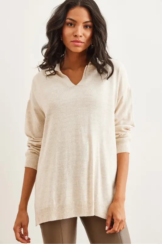 Women's Stone Polo Neck Basic Knit Sweater KZK-19000871-Stone - 4