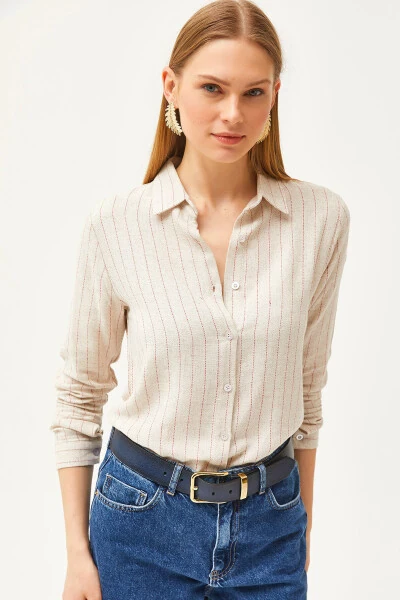 Women's Stone Red Striped Linen Blend Shirt GML-19001176 - OLALOOK