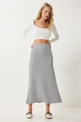 Women's Stone Ribbed Knit Skirt PN00082-Stone - 1