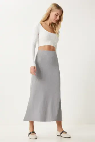 Women's Stone Ribbed Knit Skirt PN00082-Stone - HAPPINESS İSTANBUL (1)