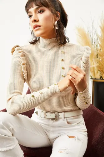 Women's Stone Ruffled Button Detailed Waist-High Knit Sweater KZK-19000263-Stone 