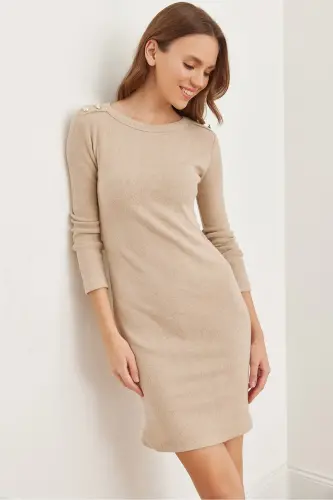 Women's Stone Shoulder Buttoned Brushed Mini Flexible Dress 