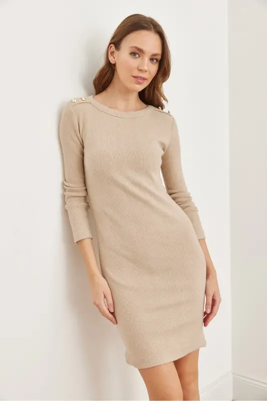 Women's Stone Shoulder Buttoned Brushed Mini Flexible Dress - 2