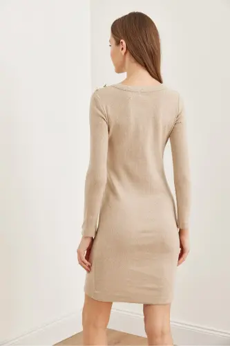 Women's Stone Shoulder Buttoned Brushed Mini Flexible Dress - 5