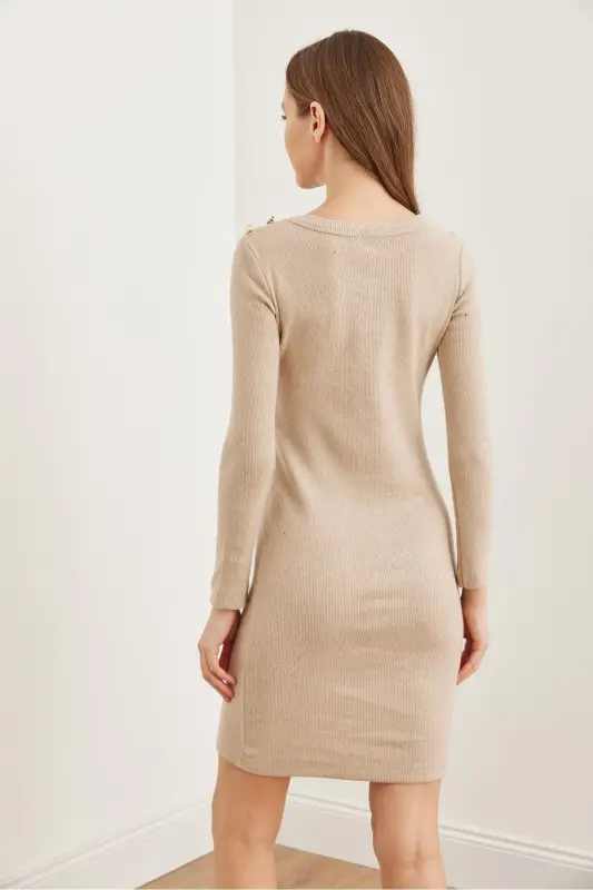 Women's Stone Shoulder Buttoned Brushed Mini Flexible Dress - 5