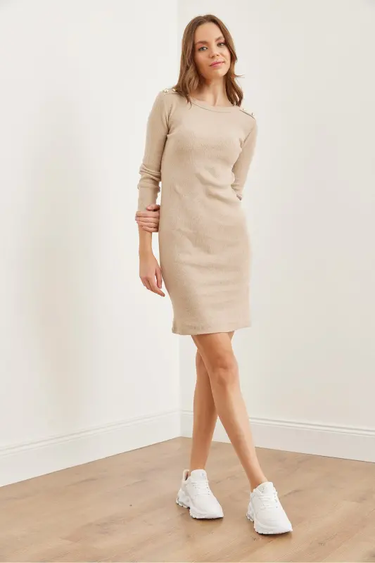 Women's Stone Shoulder Buttoned Brushed Mini Flexible Dress - 7