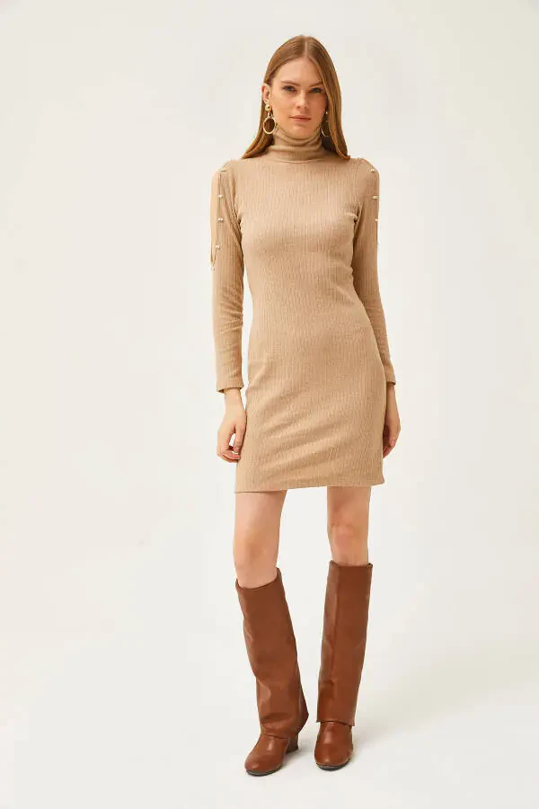 Women's Stone Shoulder Plunging Neckline Beaded Detail Mermaid Ruffled Dress ELB-19002039 - 2