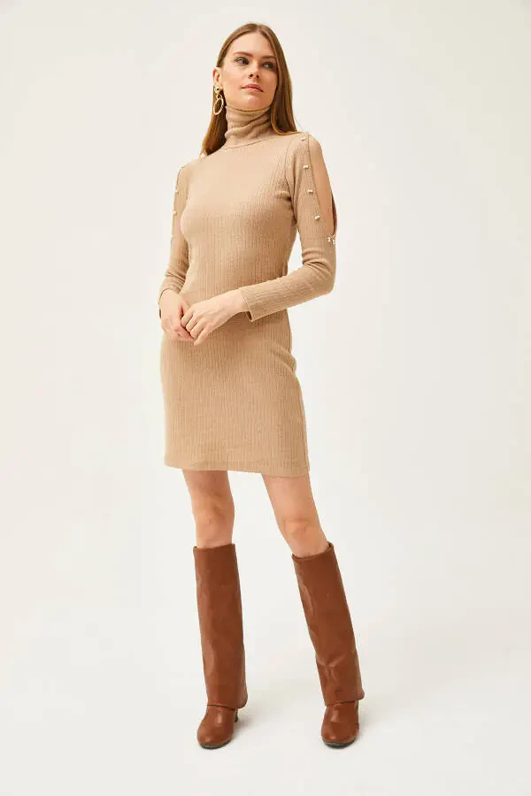 Women's Stone Shoulder Plunging Neckline Beaded Detail Mermaid Ruffled Dress ELB-19002039 - 3