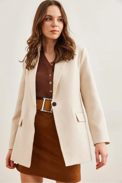 Women's Stone Single Button Pocket Flap Wool-Effect Blazer Jacket CKT-19000407 - OLALOOK (1)