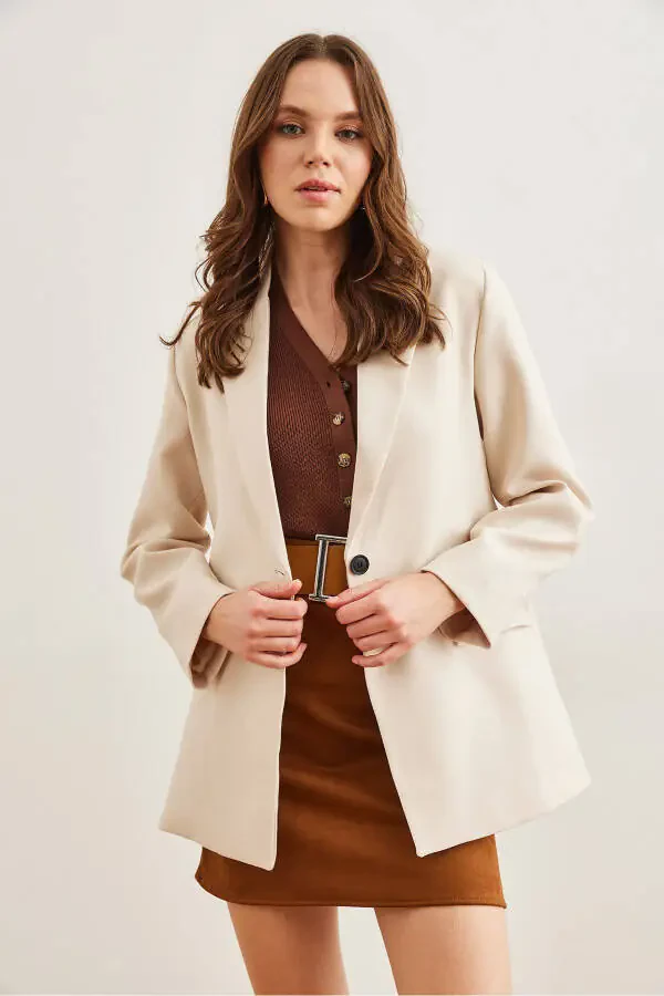 Women's Stone Single Button Pocket Flap Wool-Effect Blazer Jacket CKT-19000407 - 3