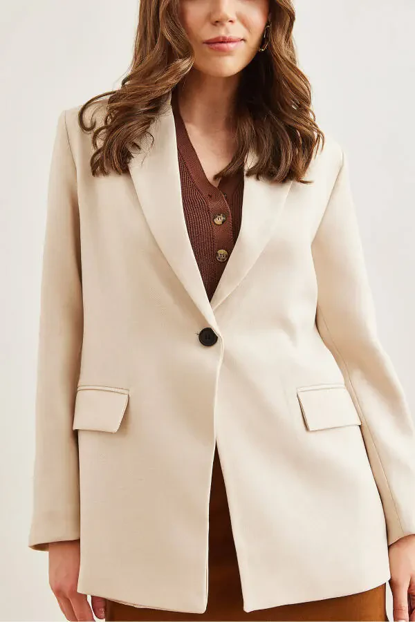 Women's Stone Single Button Pocket Flap Wool-Effect Blazer Jacket CKT-19000407 - 7