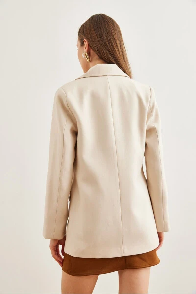 Women's Stone Single Button Pocket Flap Wool-Effect Blazer Jacket CKT-19000407 - 8