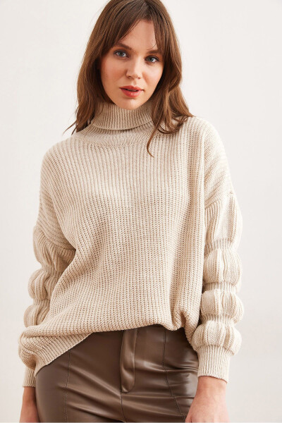 Women's Stone Sleeve Detailed Turtleneck Knitted Sweater KZK-19000927 - OLALOOK