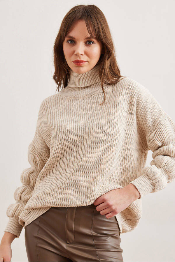 Women's Stone Sleeve Detailed Turtleneck Knitted Sweater KZK-19000927 - 2