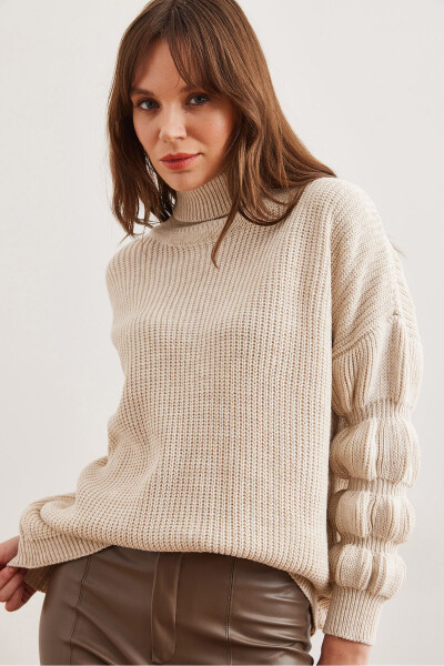 Women's Stone Sleeve Detailed Turtleneck Knitted Sweater KZK-19000927 - 3