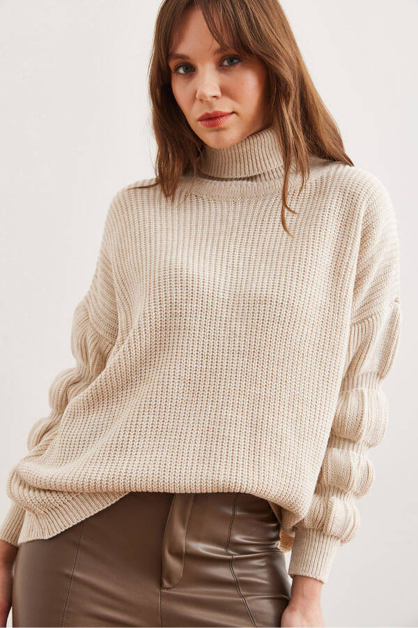 Women's Stone Sleeve Detailed Turtleneck Knitted Sweater KZK-19000927 - 4