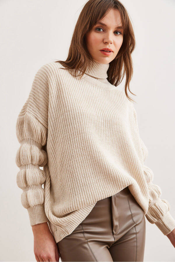 Women's Stone Sleeve Detailed Turtleneck Knitted Sweater KZK-19000927 - 5