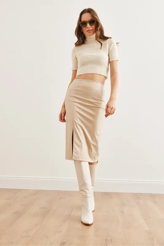 Women's Stone Slit Zippered Side Midi Faux Leather - 5