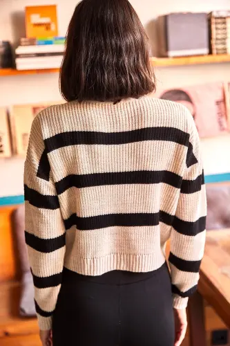 Women's Stone Striped Half Turtleneck Crop Knit Sweater KZK-19000402-Stone - 5