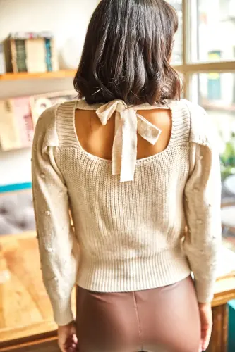 Women's Stone Tie Back Pom Pom Sleeve Knitwear Sweater KZK-19000212-Stone - 5