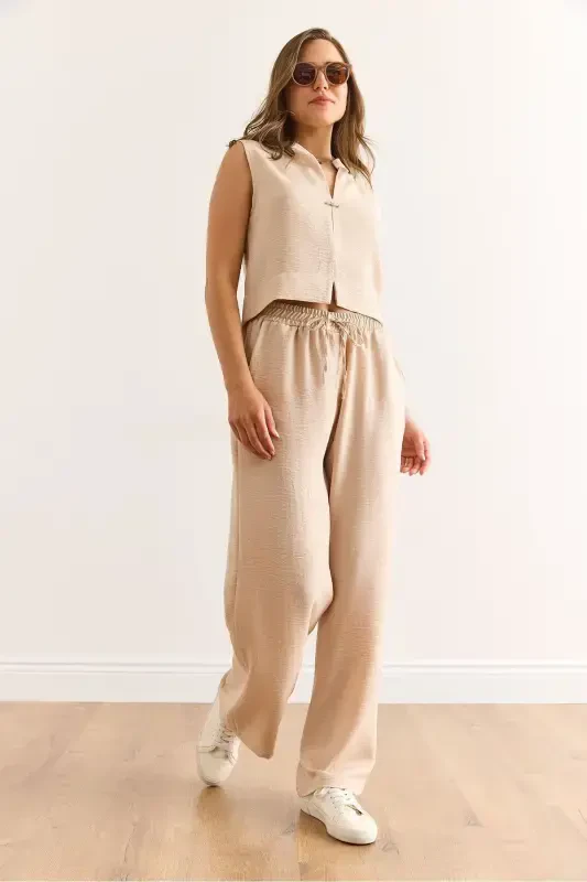 Women's Stone Top Bottom Linen Look Suit TKM-190003 - 4