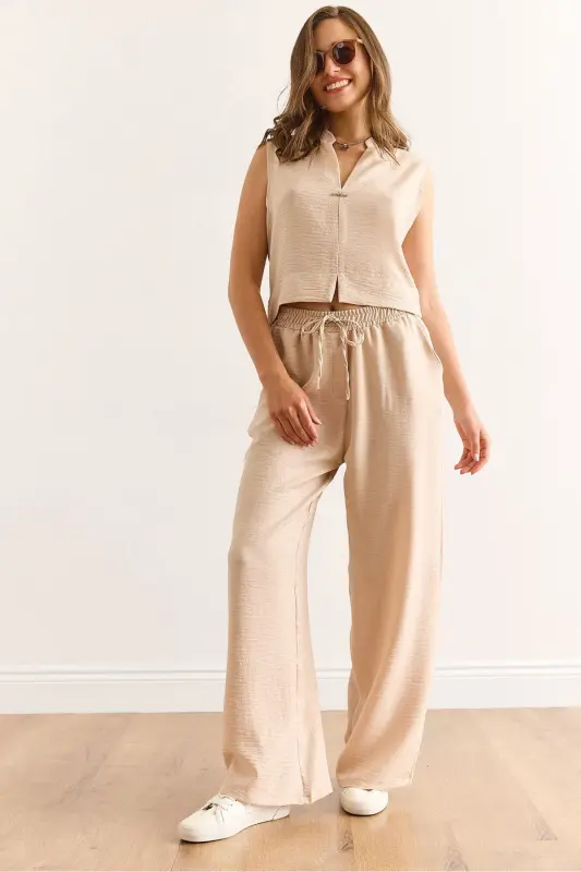 Women's Stone Top Bottom Linen Look Suit TKM-190003 - 1