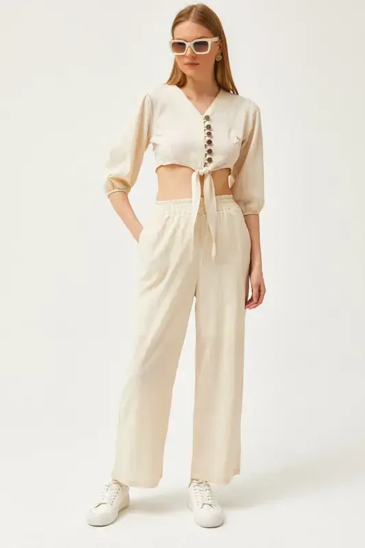 Women's Stone Top Buttoned Blouse Bottom Pocket Pants Kete - 1