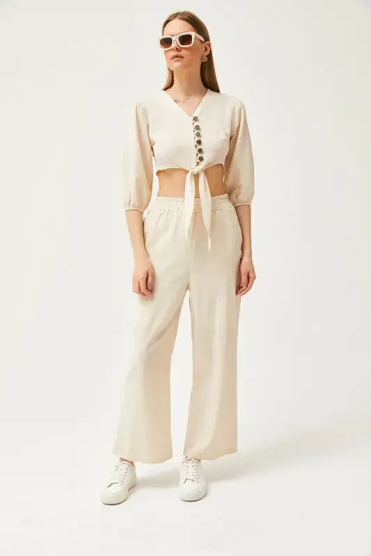 Women's Stone Top Buttoned Blouse Bottom Pocket Pants Kete - 2