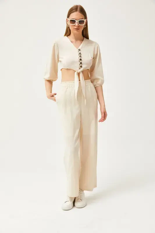 Women's Stone Top Buttoned Blouse Bottom Pocket Pants Kete - 3