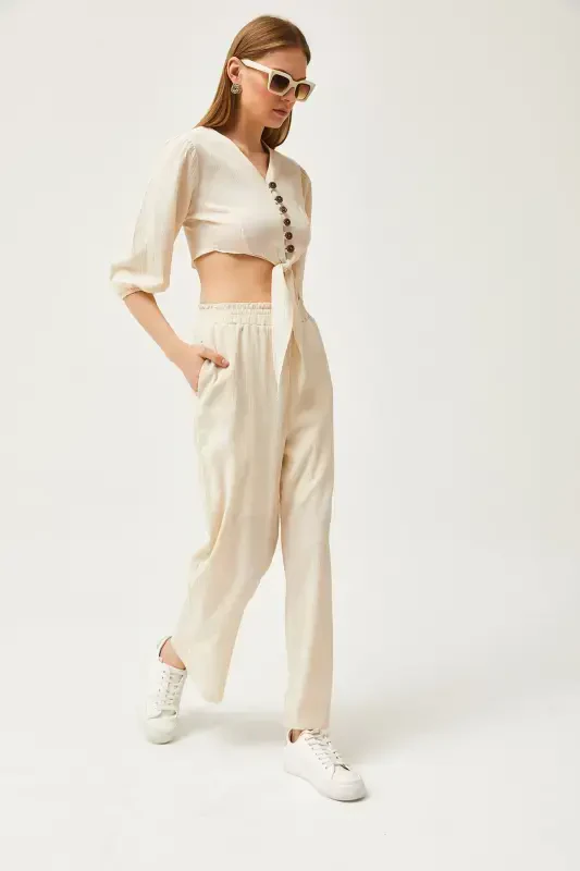 Women's Stone Top Buttoned Blouse Bottom Pocket Pants Kete - 4