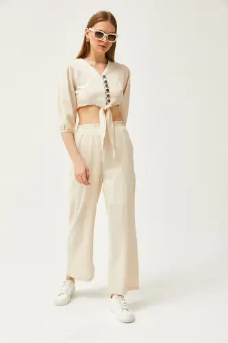 Women's Stone Top Buttoned Blouse Bottom Pocket Pants Kete - 5