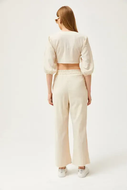 Women's Stone Top Buttoned Blouse Bottom Pocket Pants Kete - 6