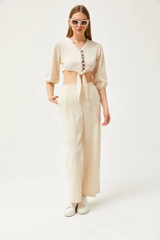 Women's Stone Top Buttoned Blouse Bottom Pocket Pants Kete - 3