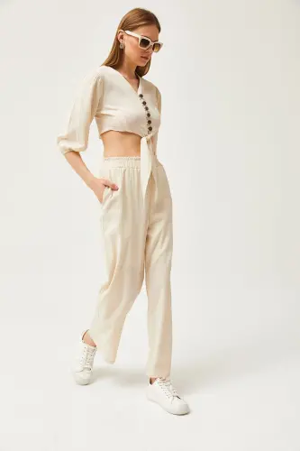 Women's Stone Top Buttoned Blouse Bottom Pocket Pants Kete - 4